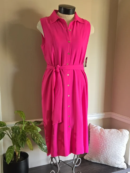 Kasper Sleeveless Button-Front Midi Dress With Pockets in Hot Pink - Picture 1 of 4